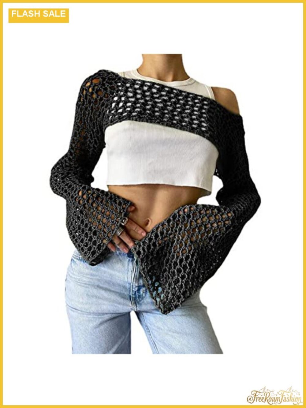 Women Crochet Bolero Shrug Y2K Hollow Knit Mesh Long Sleeve Crop Top Beach